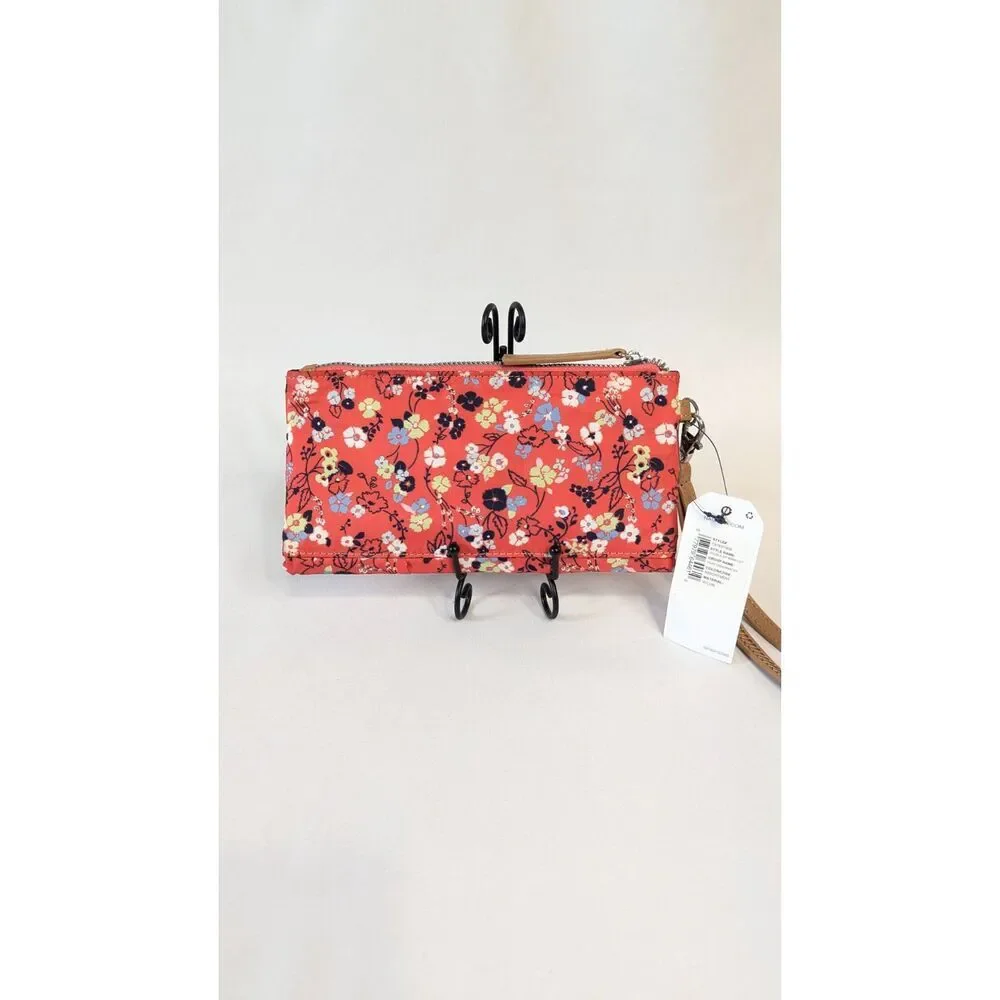 Nautica double zip wristlet nylon pleated orange red floral tan trim silver NWT